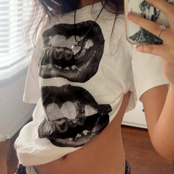 Women One Shoulder Top Oversized Graphic Tee Y2K Grunge Emo Fashion - Picture 2 of 6